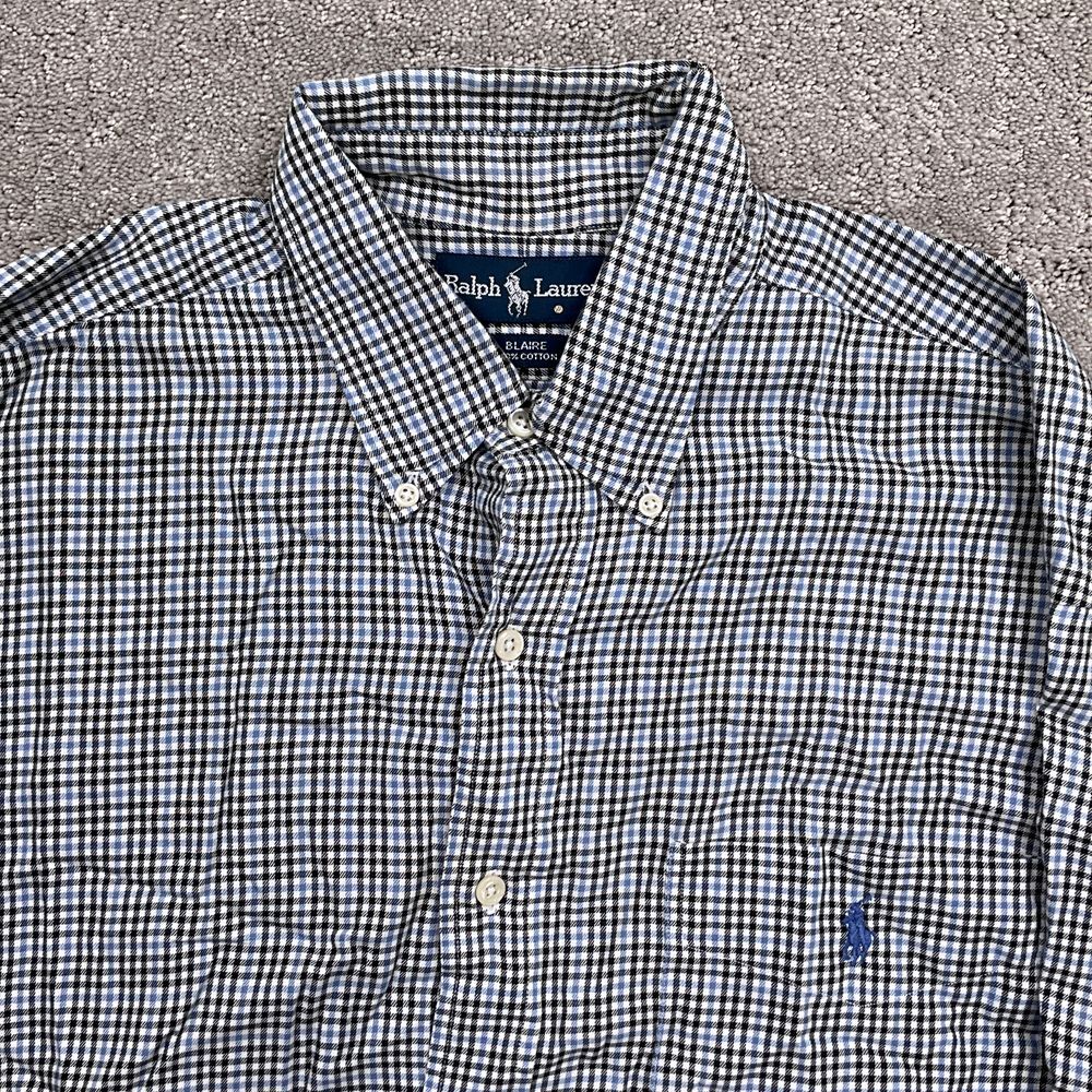 Ralph Lauren Shirt Men Large Black Blue Houndstooth Check Blaire Preppy OCBD
